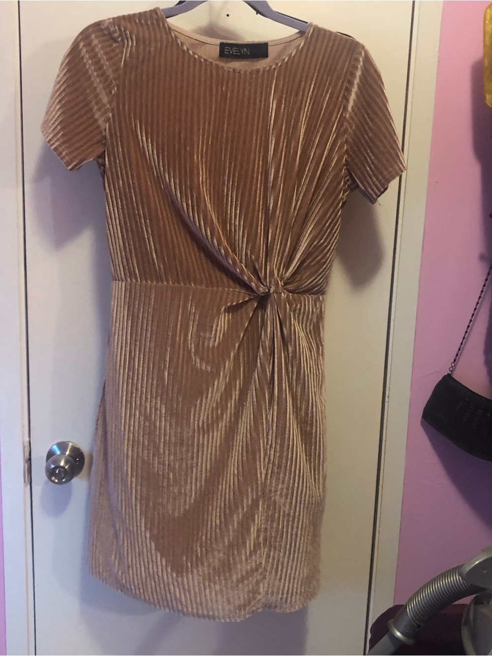 Evelyn Short-Sleeve Twist-Front Velvet Mini Dress in Taupe